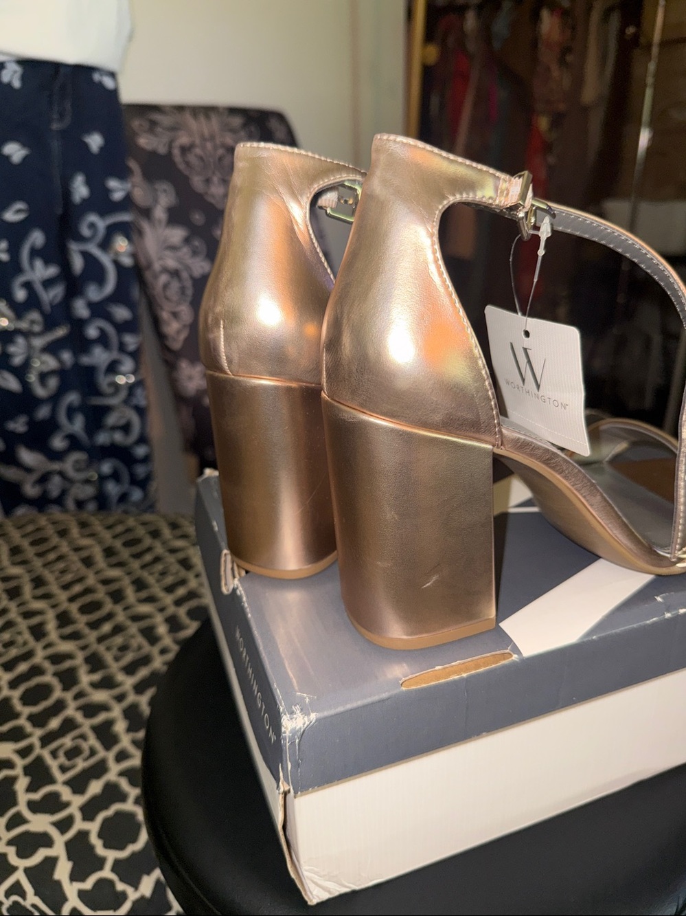 Worthington Metallic Rose Gold Block Heel Ankle-Strap Sandals - Picture 3 of 6
